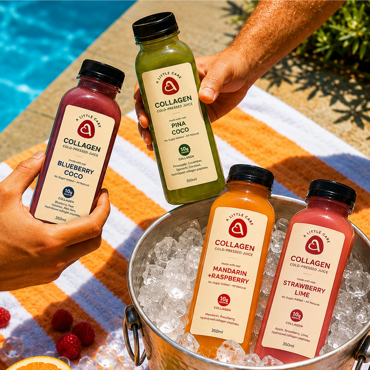 Four Collagen brand juice bottles in different flavors are shown in a lifestyle setting by a swimming pool. Two bottles are held by hands, one in each hand, while two more bottles sit in a metal ice bucket.