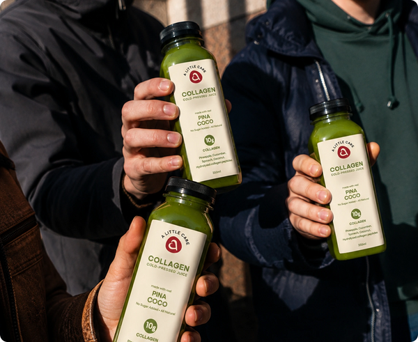 Three people holding bottles of collagen-rich green juice outdoors. The bottles are labeled 'A Little Aged' and 'Collagen Pina Coco'.