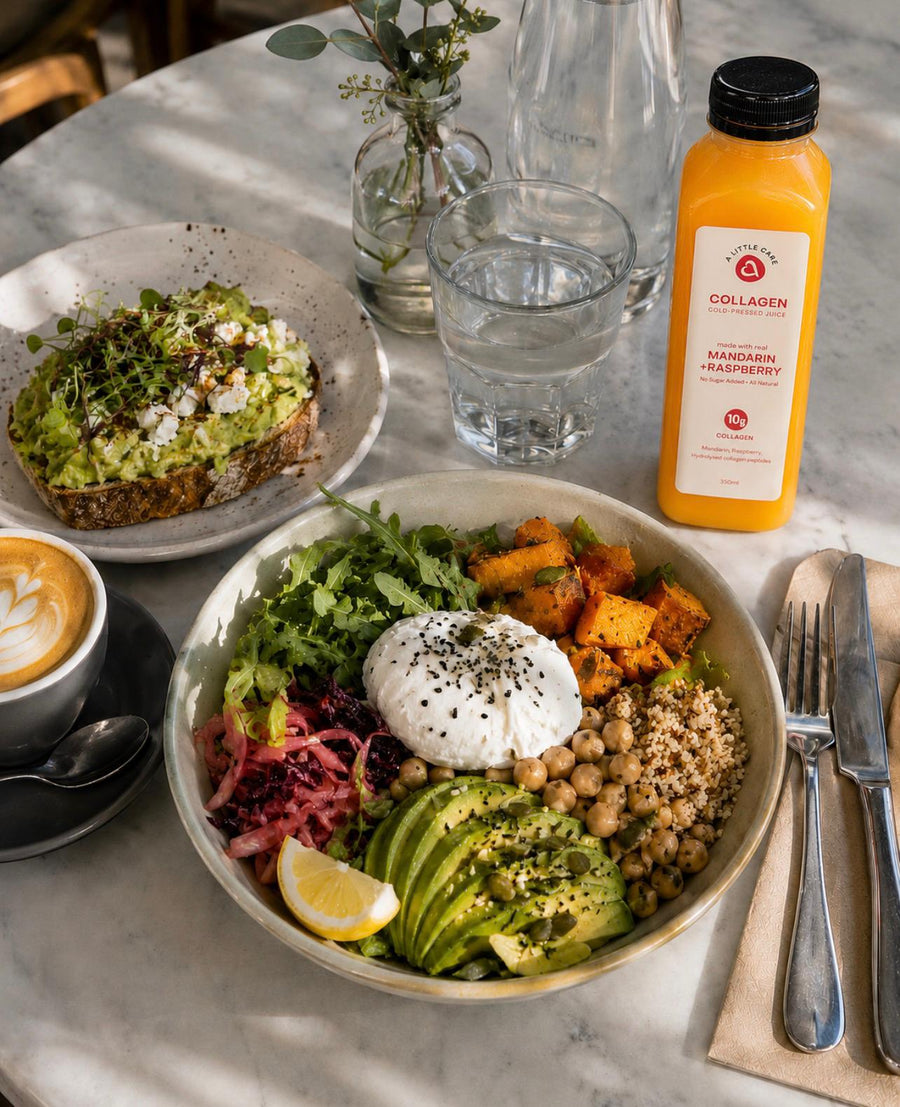Healthy meal with A Little Care collagen juice bottle