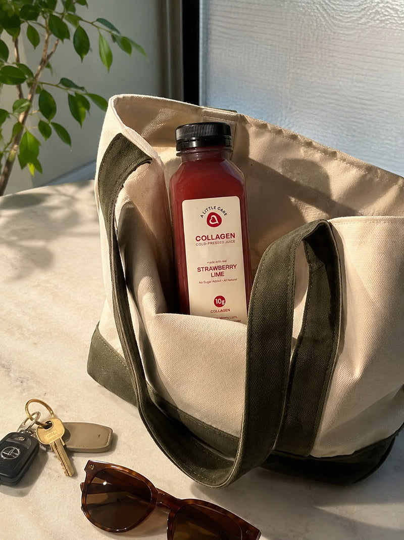 A Little Care collagen juice bottle with natural ingredients in a lifestyle setting