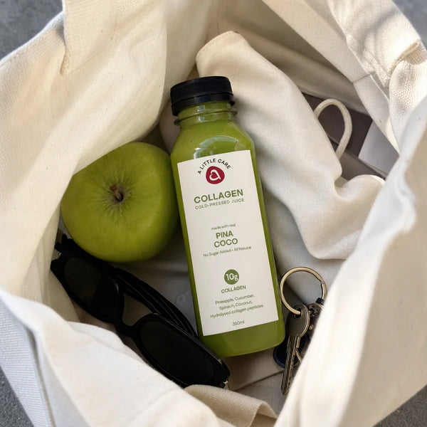 A Little Care collagen juice bottle with fresh ingredients
