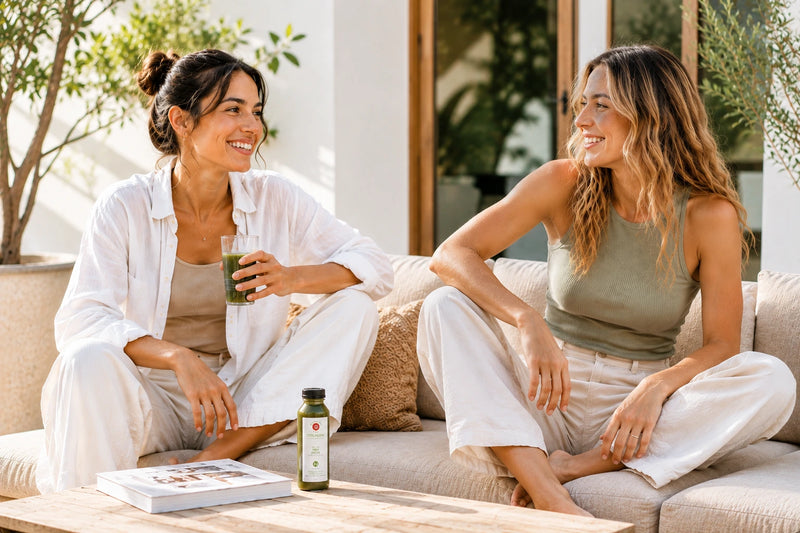 Two women enjoying a wellness moment with A Little Care collagen juice