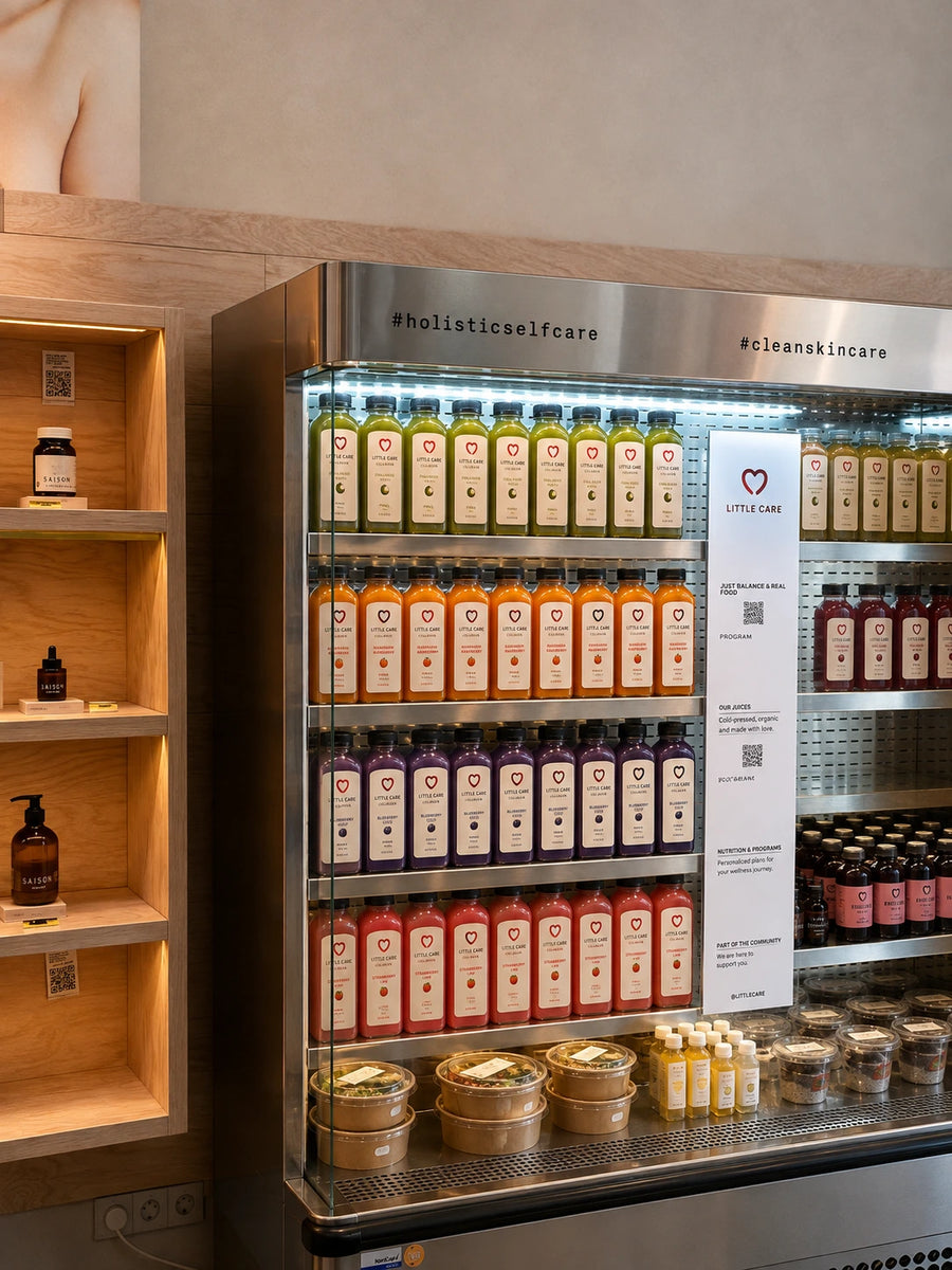 A glass-front beverage display case stocked with bottled juices and smoothies, next to a wooden shelf with skincare bottles. The display features labels such as #holisticselfcare and #cleansekincare, with a white vertical sign reading #skincarecare.